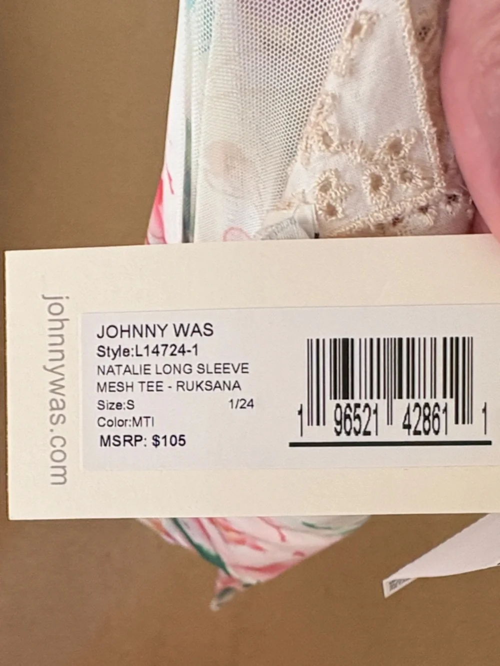 NWT Johnny Was Natalie Cream Floral Mesh Long-Sleeve Top in Pink & Green, Size S - Picture 3 of 3